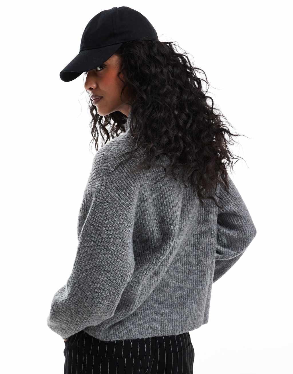 ONLY knitted zip through cardigan in dark gray melange Product Image