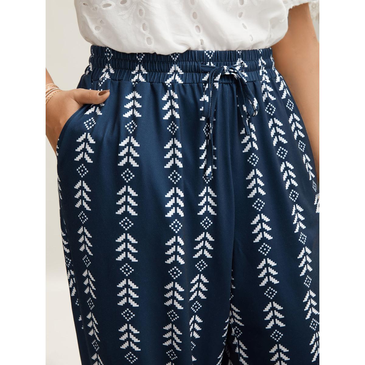 Plus Size Boho Geometric Print Stretchy Waist Pants Women Indigo Leisure Mid Rise Casual Pants BloomChic 10/M Product Image