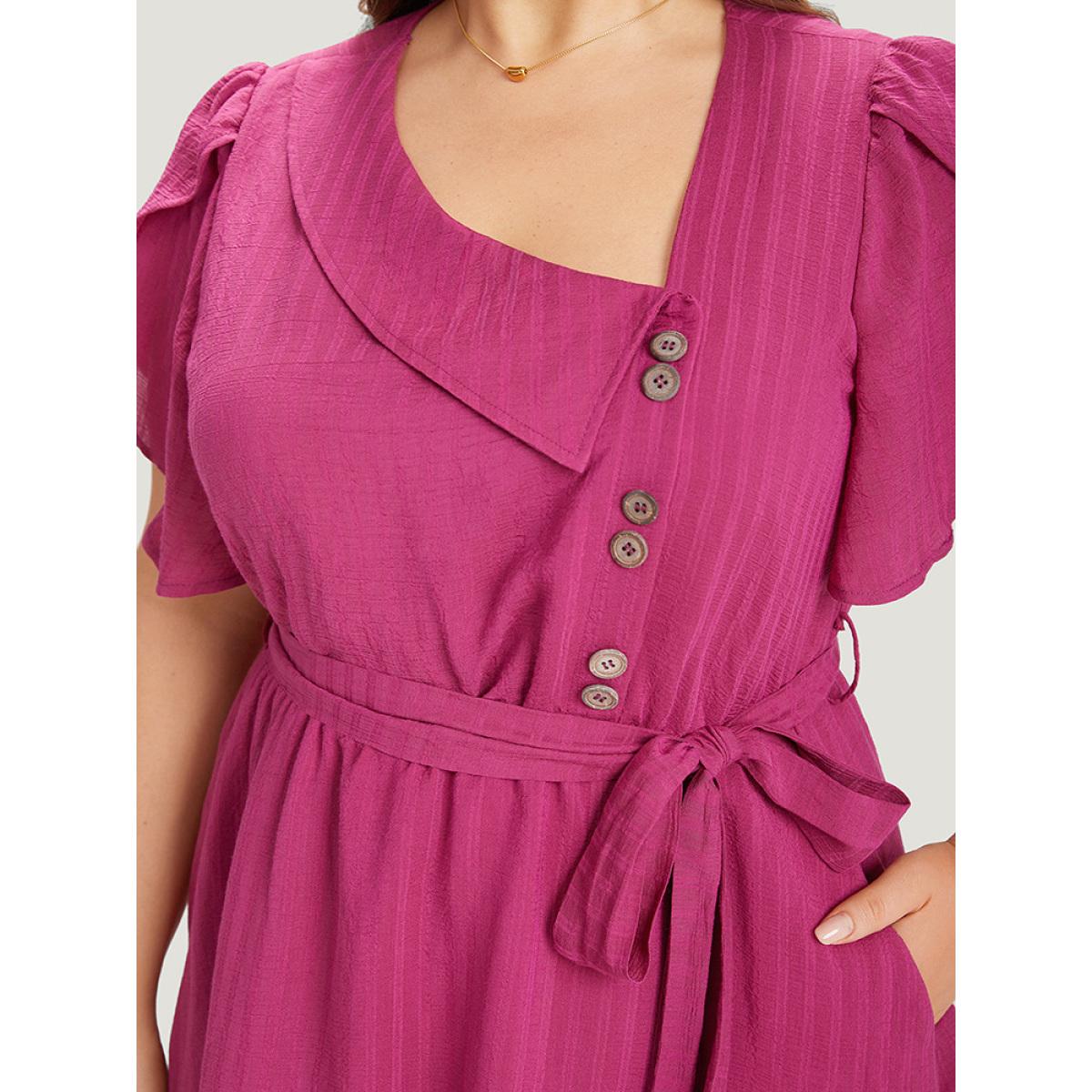 Plus Size Solid Irregular Neck Pocket Button Detail Petal Sleeve Dress RedViolet Women Office Button Asymmetrical Neck Short sleeve Curvy Knee Dress BloomChic 14-16/1X Product Image