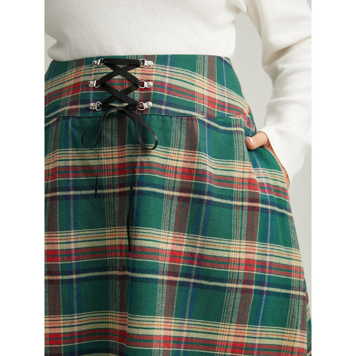 Plus Size Plaid Lace Up Pocket Cropped Skirt Women DarkGreen Party Style accents No stretch Pocket Festival-Christmas Skirts BloomChic 10/M Product Image