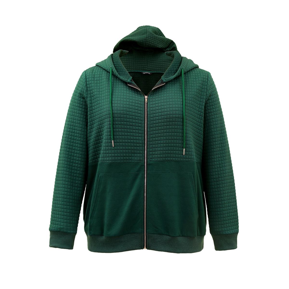 Plus Size Plain Texture Pocket Zipper, Sweatshirt Women DarkGreen Casual Elastic cuffs Hooded Dailywear Sweatshirts BloomChic 26/4X Product Image