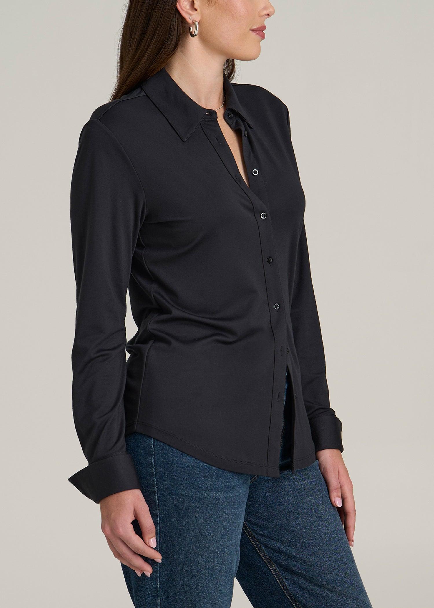 Slub Knit Button-Up Shirt for Tall Women in Black Female Product Image