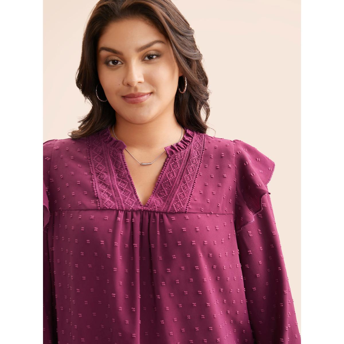Plus Size RedViolet Texture Woven Ribbon Patchwork Ruffles Blouse Women Elegant Long Sleeve Flat collar with V-notch Everyday Blouses BloomChic 22-24/3X Product Image