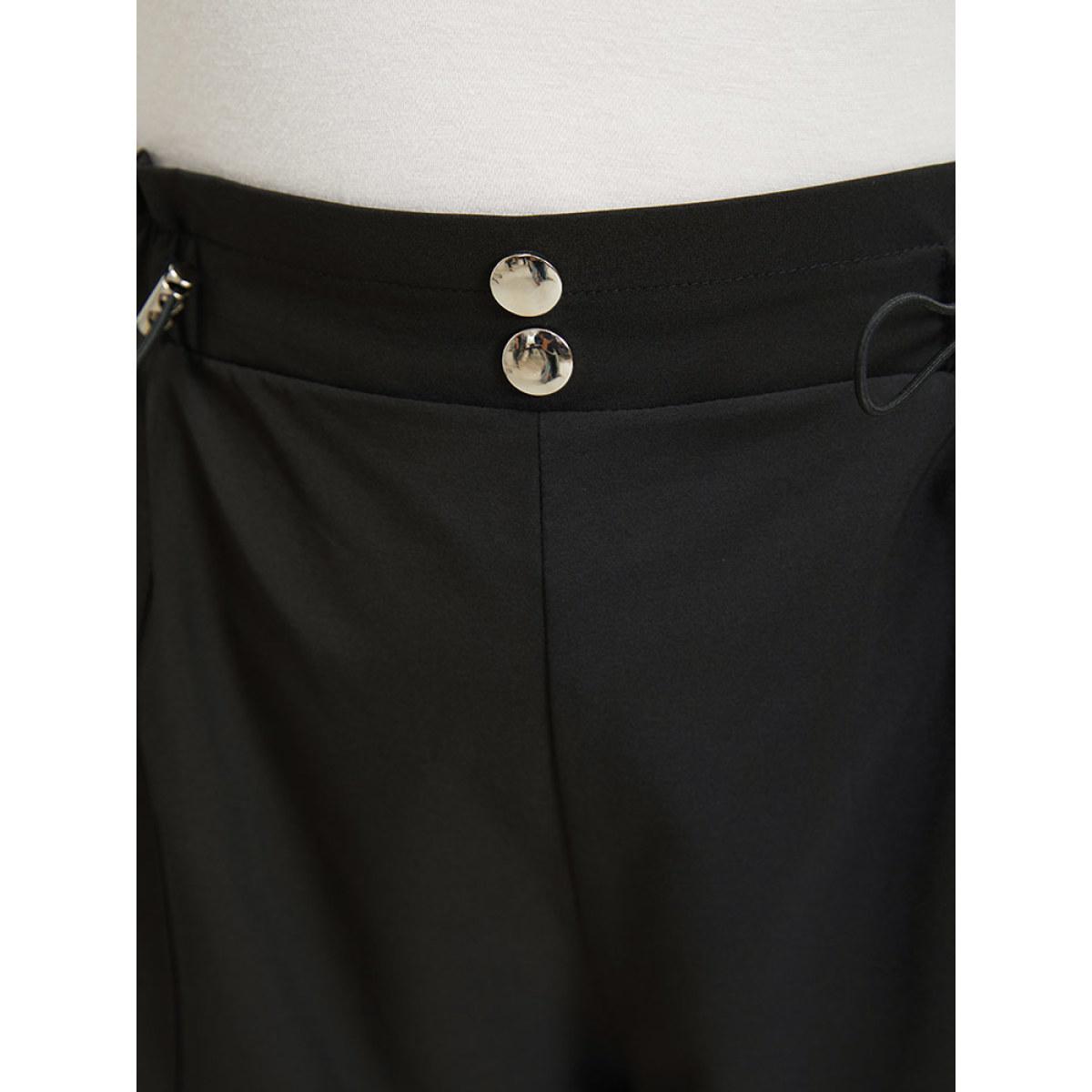 Plus Size Plain Button Detail Drawstring Slant Pocket Shorts Women Black Casual Drawstring Dailywear Shorts BloomChic 10/M Product Image