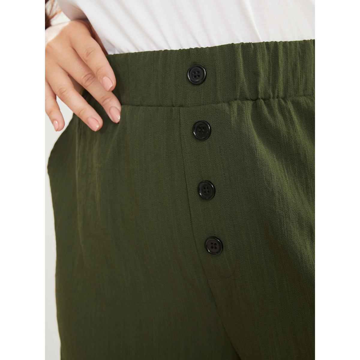 Plus Size Solid Elastic Waist Button Detail Pocket Loose Pants Women ArmyGreen Casual Loose High Rise Office Pants BloomChic 10/M Product Image