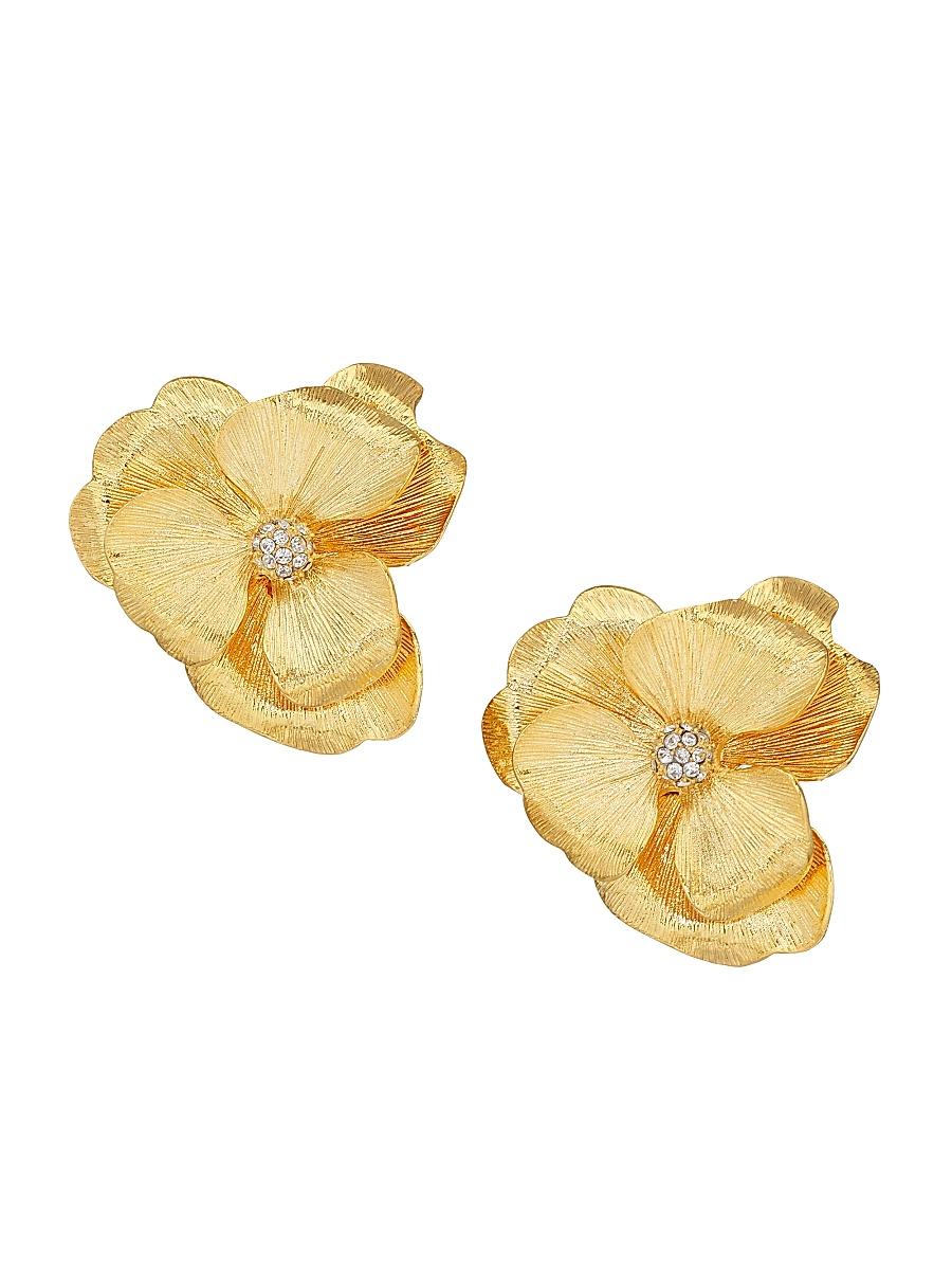 Womens 22K Goldplated Crystal Flower Clip-On Earrings Product Image