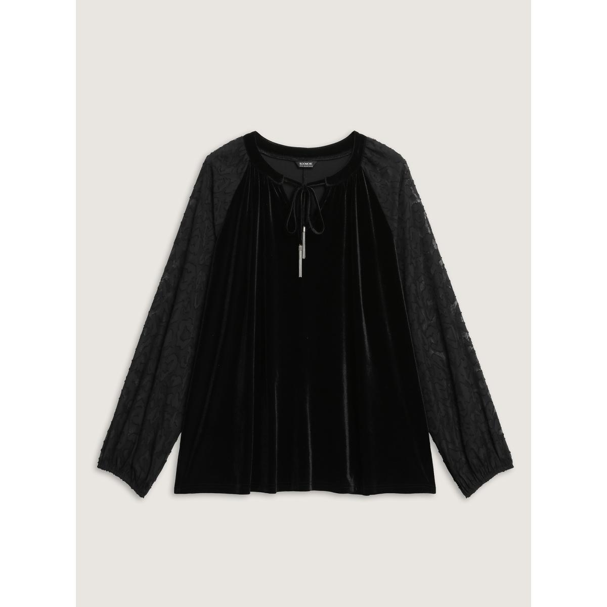 Plus Size Black Velvet Leopard Laser Cut Neck-Tie Blouse Women Timeless Long Sleeve Flat collar with V-notch Elegant Blouses BloomChic 26/4X Product Image