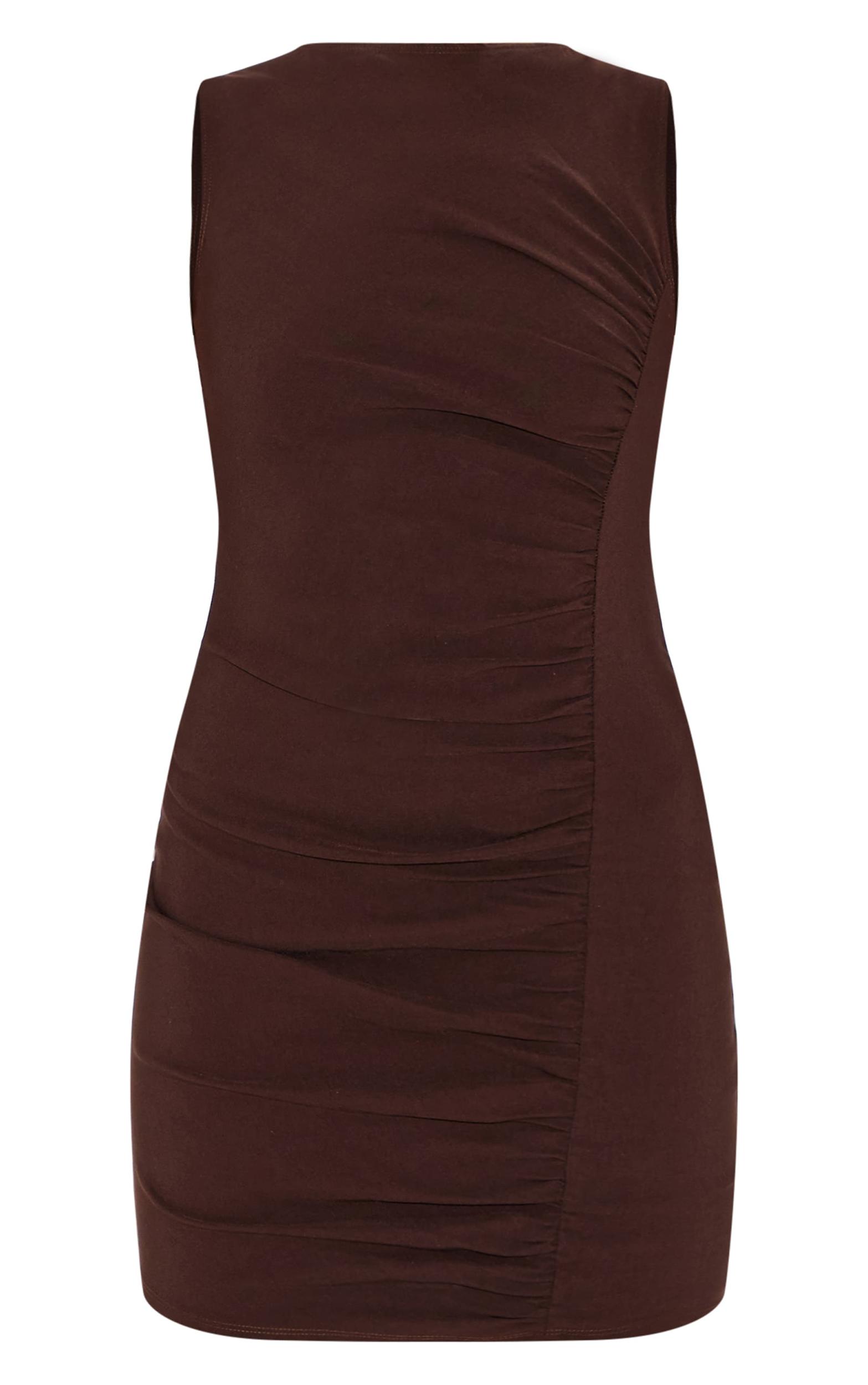 Chocolate Stretch Woven Ruched Bodycon Dress Product Image