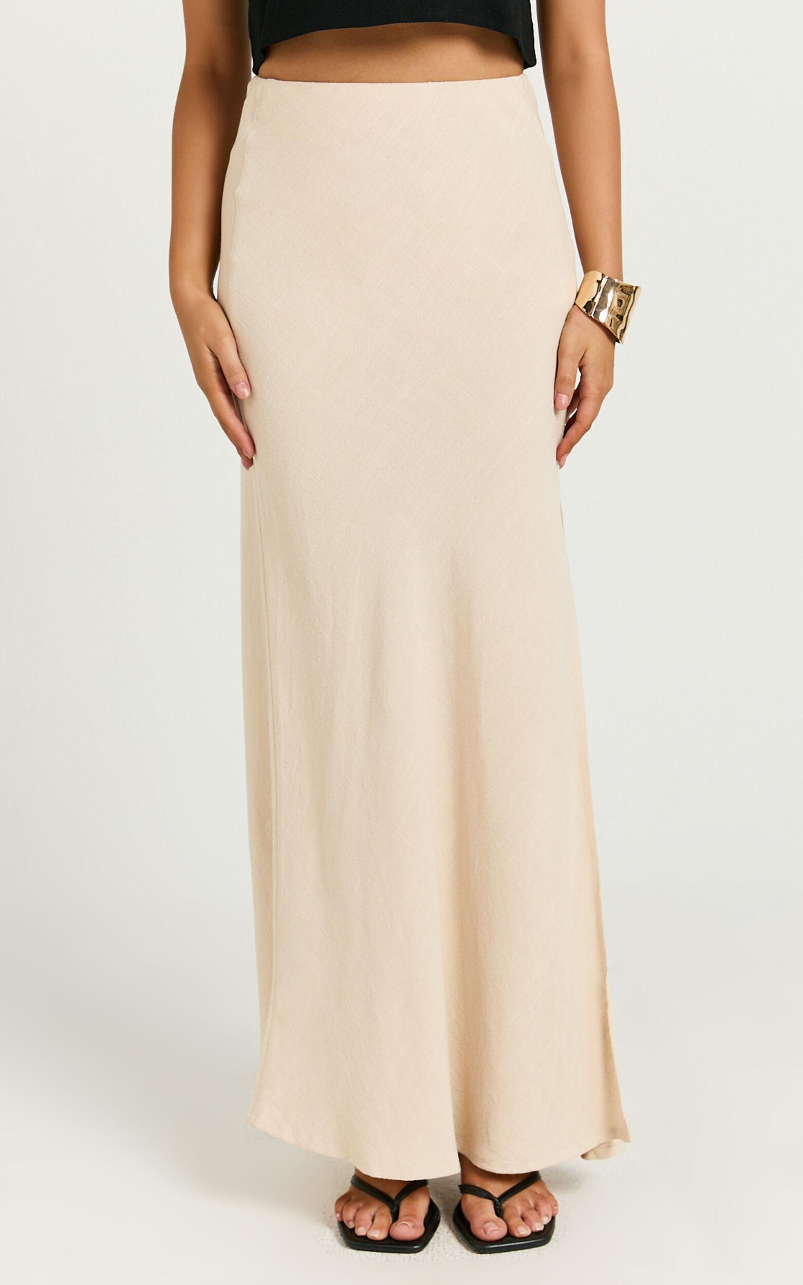 Olivia Maxi Skirt - Mid Waisted Linen Bias Cut Split Skirt in Natural Product Image