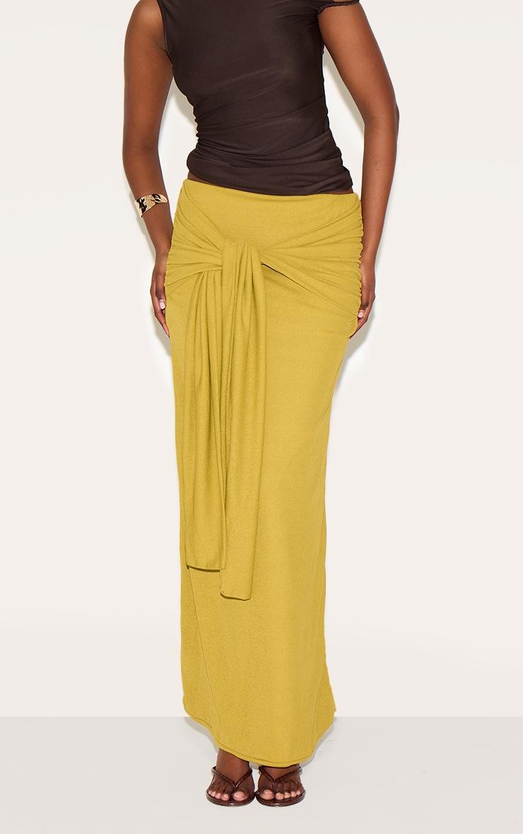 Olive Double Layer Burnout Mesh Wrap Front Maxi Skirt Product Image