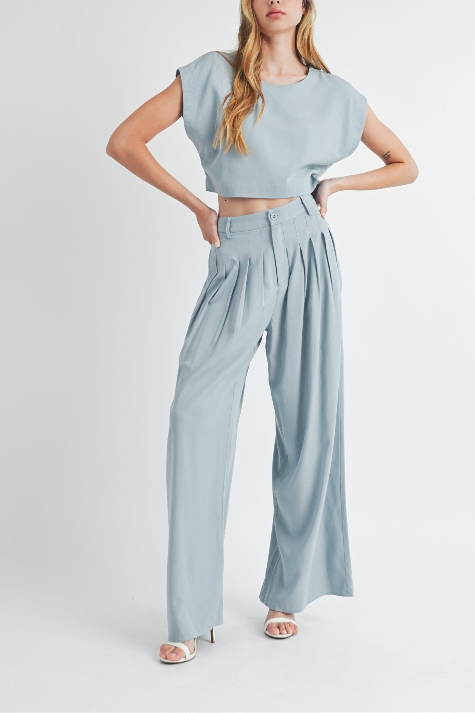 Simple Crop Top & Pleated Wide Leg Pants Product Image