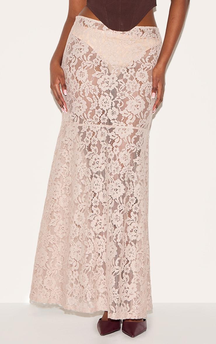 Taupe Floral Lace Sheer Maxi Skirt Product Image