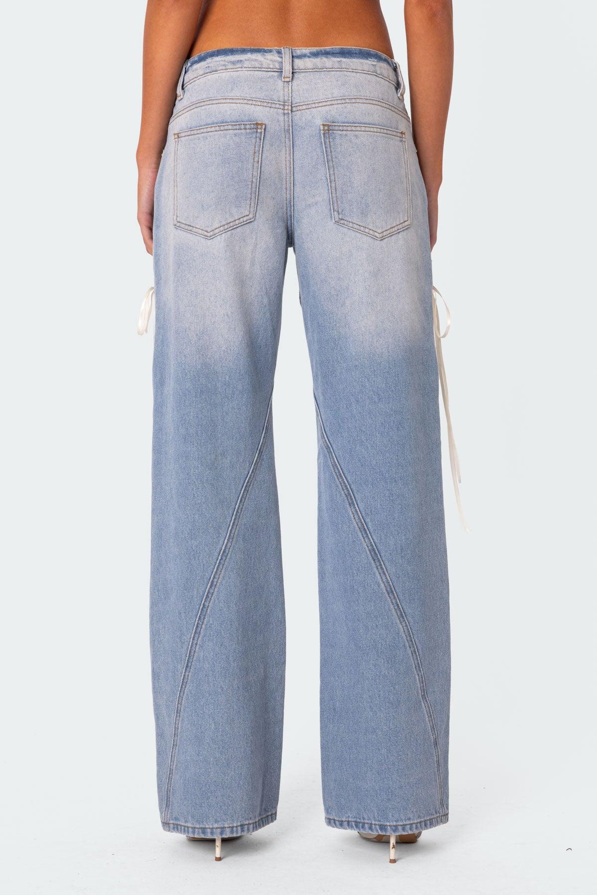 Ribbon Lace Up Low Rise Baggy Jeans Product Image