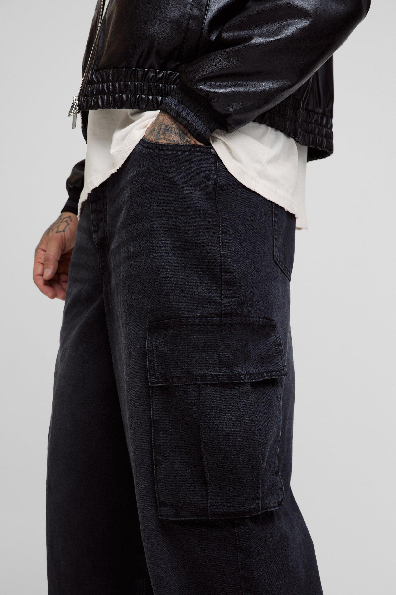 Tall Denim Cargo Parachute Jeans with Pleat Waist Detail | boohooMAN USA Product Image