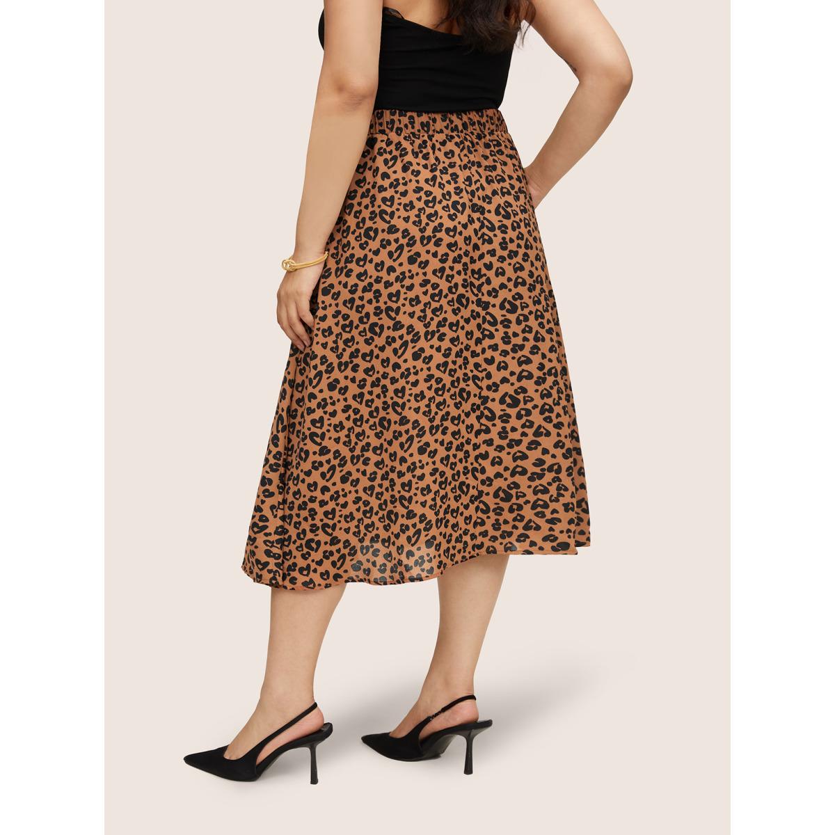 Plus Size Leopard Pocket Elastic Waist Cropped Skirt Women Chocolate At the Office Non No stretch Slanted pocket Work Skirts BloomChic 22-24/3X Product Image