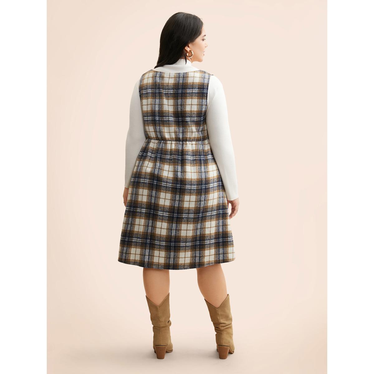Plus Size Plaid V Neck Sleeveless Dress Multicolor Women Elegant Texture Deep V-neck Sleeveless Curvy BloomChic 12/L Product Image