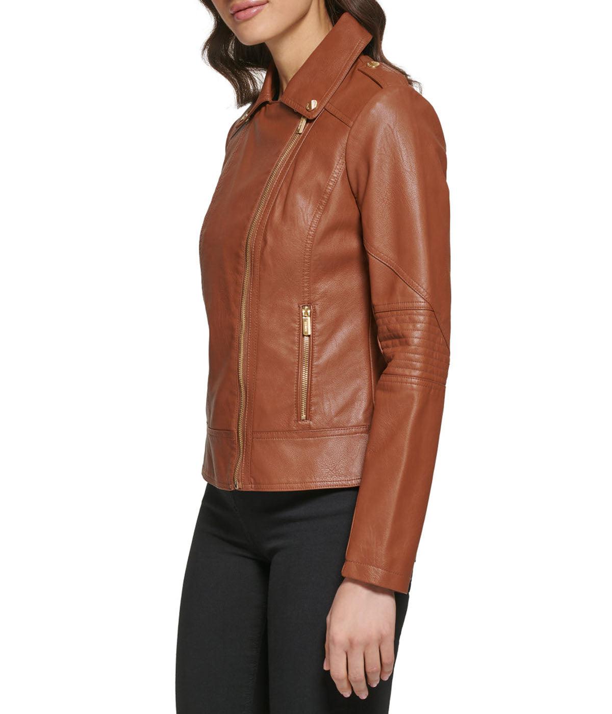 Faux Leather Asymmetrical Moto Jacket Cognac Product Image