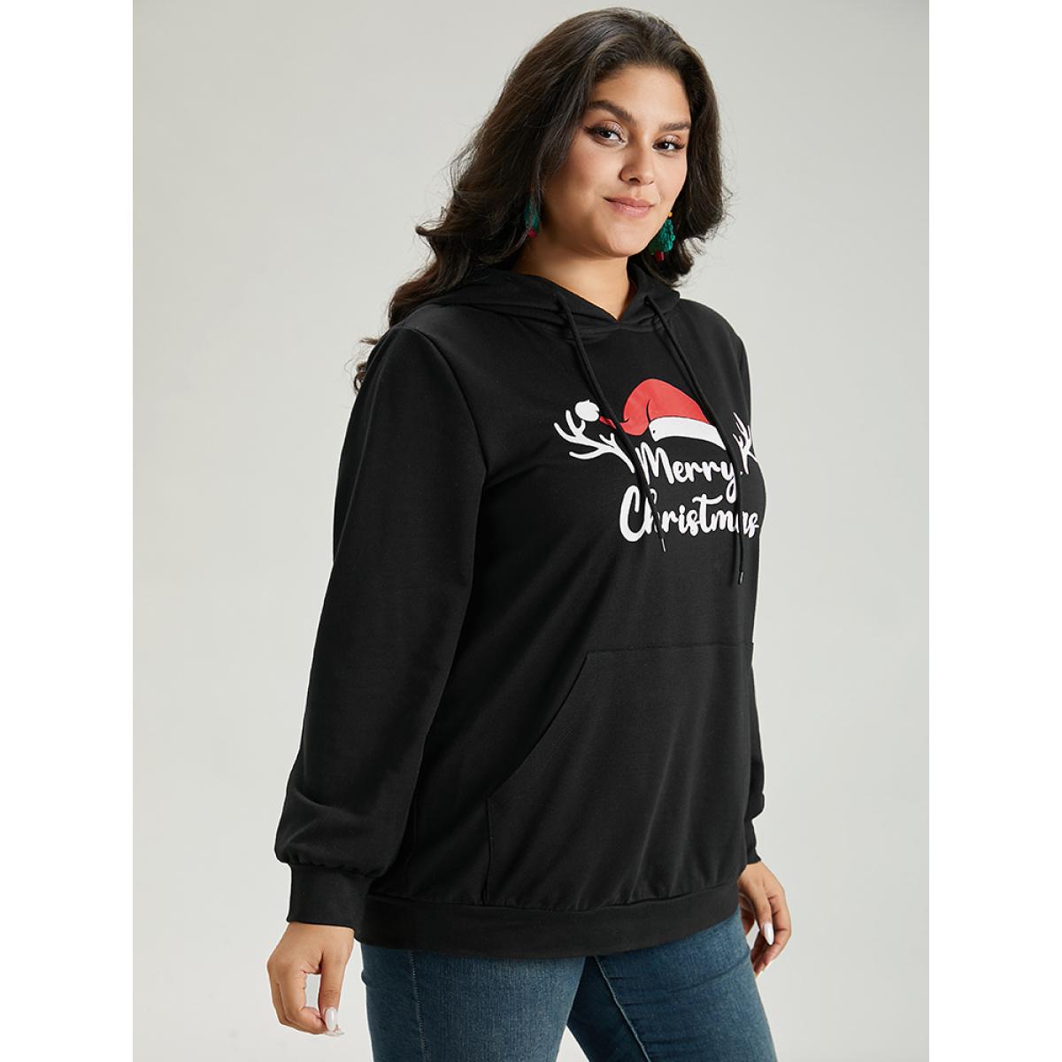 Plus Size Christmas Letter Hooded Drawstring Pocket Sweatshirt Women Black Casual Elastic cuffs Festival-Christmas Sweatshirts BloomChic 28/5X Product Image