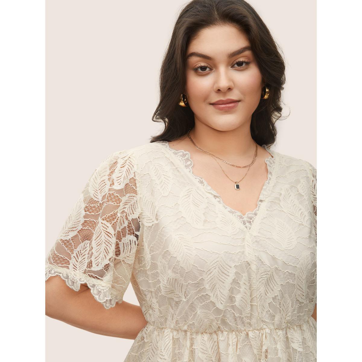Plus Size Apricot Lace Panel Mesh Patchwork Elastic Waist Blouse Women Elegant Short sleeve V-neck Everyday Blouses BloomChic 22-24/3X Product Image