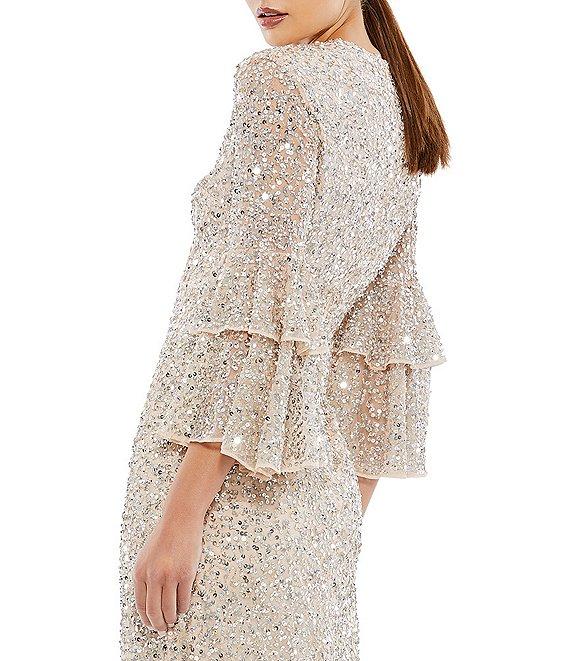 Mac Duggal Crew Neck Ruffle Tiered 3/4 Sleeve Sequin Midi Sheath Dress Product Image