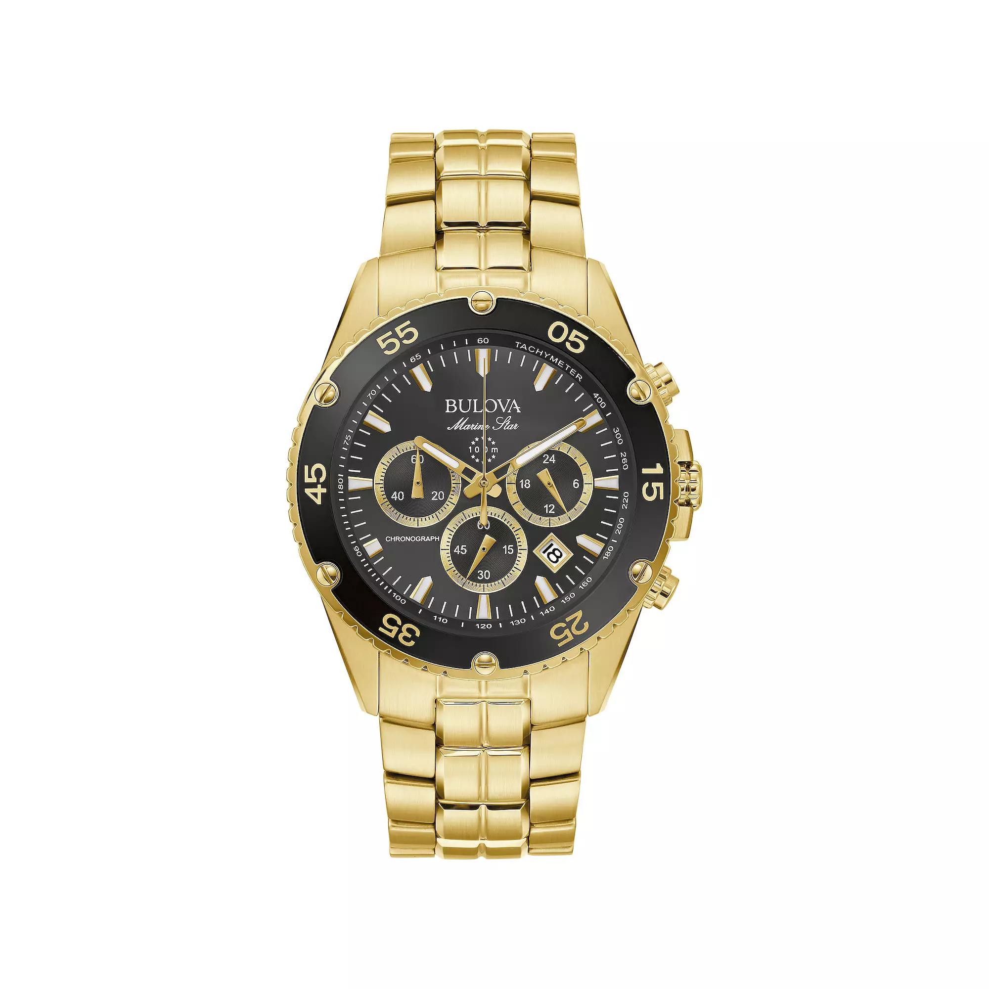 Bulova Mens Marine Star Gold Tone Stainless Steel Black Chronograph Dial Bracelet Watch Product Image