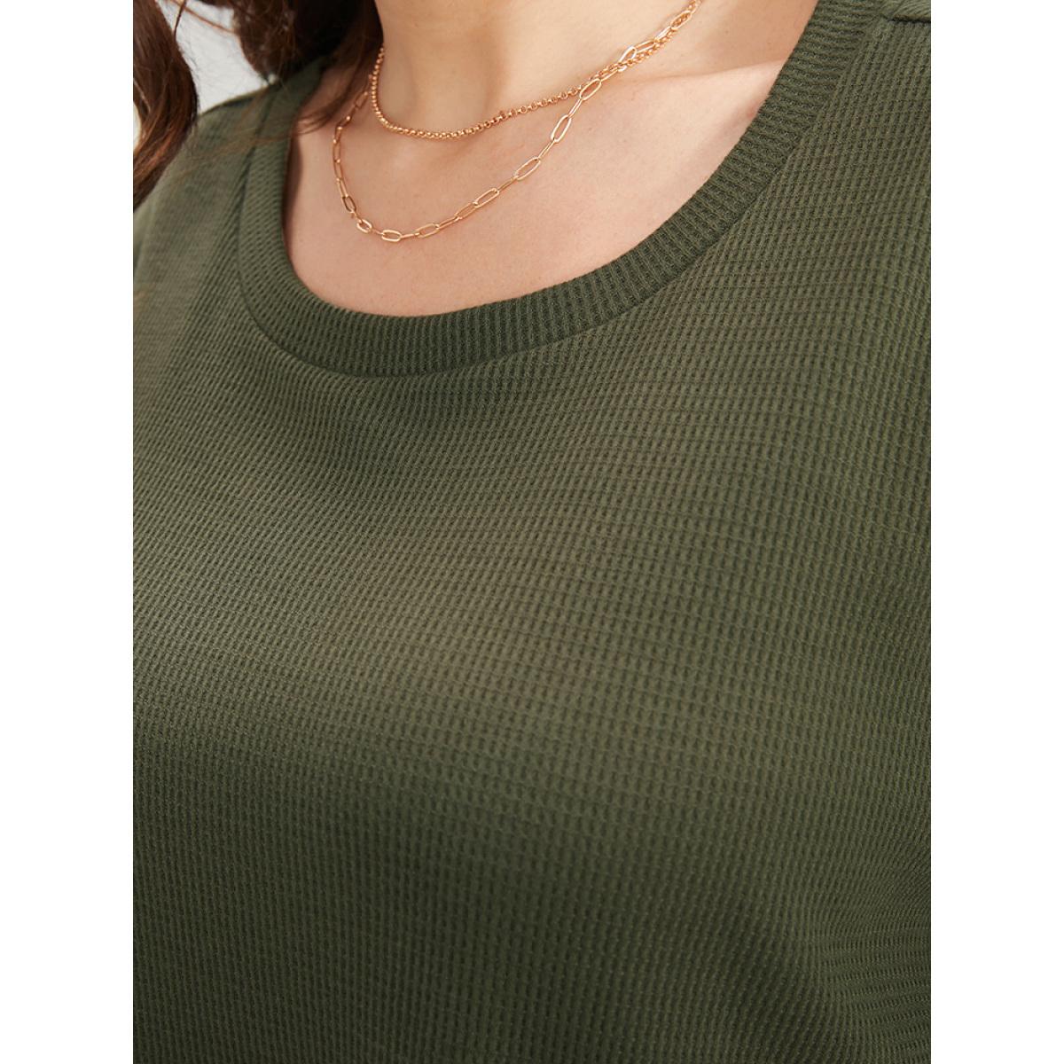Plus Size Plain Round Neck Button Detail Waffle Knit Tee ArmyGreen Women Casual Button Plain Round Neck Dailywear T-shirts BloomChic 14-16/1X Product Image