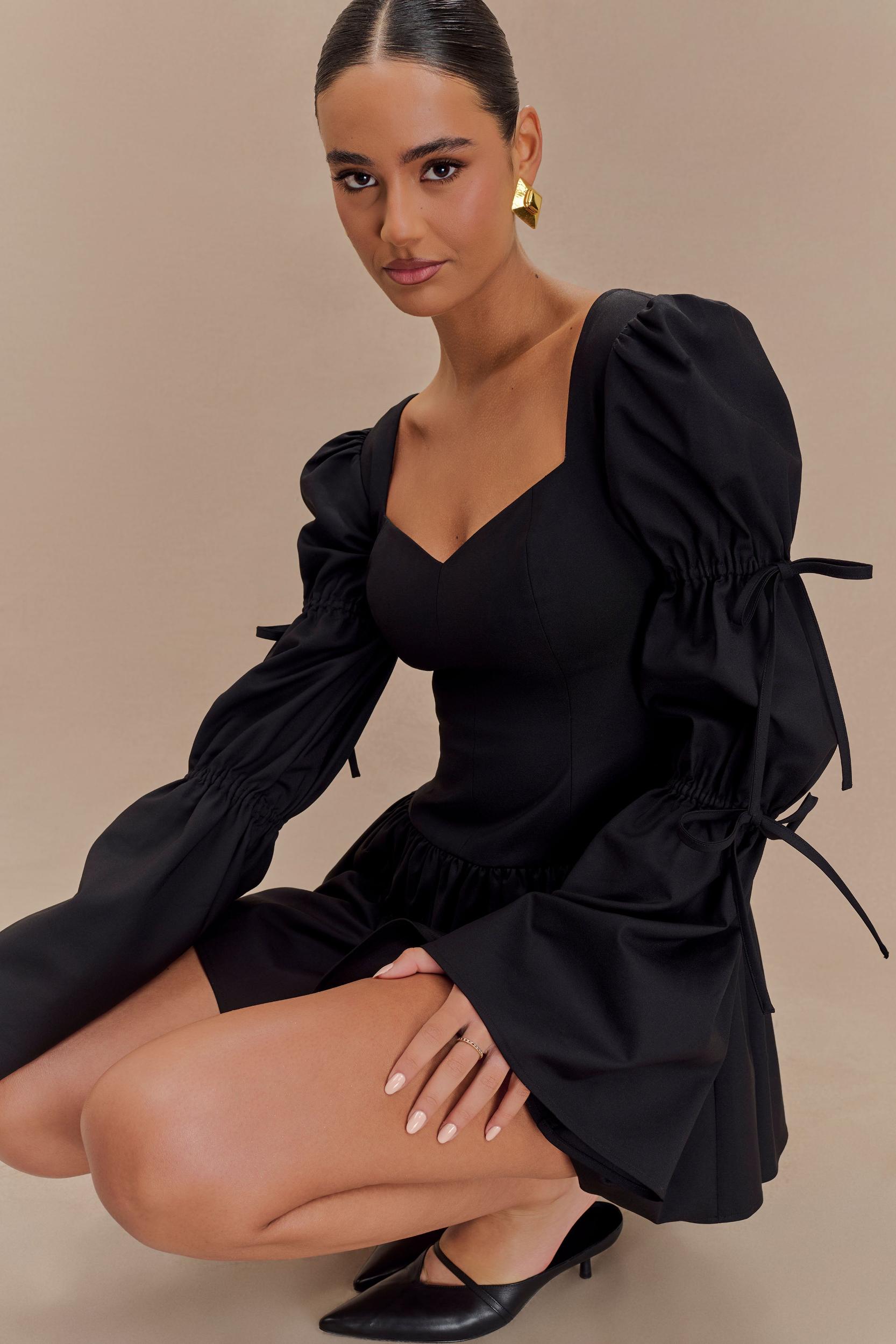 Raine Long Sleeve Cotton Mini Dress - Black Product Image