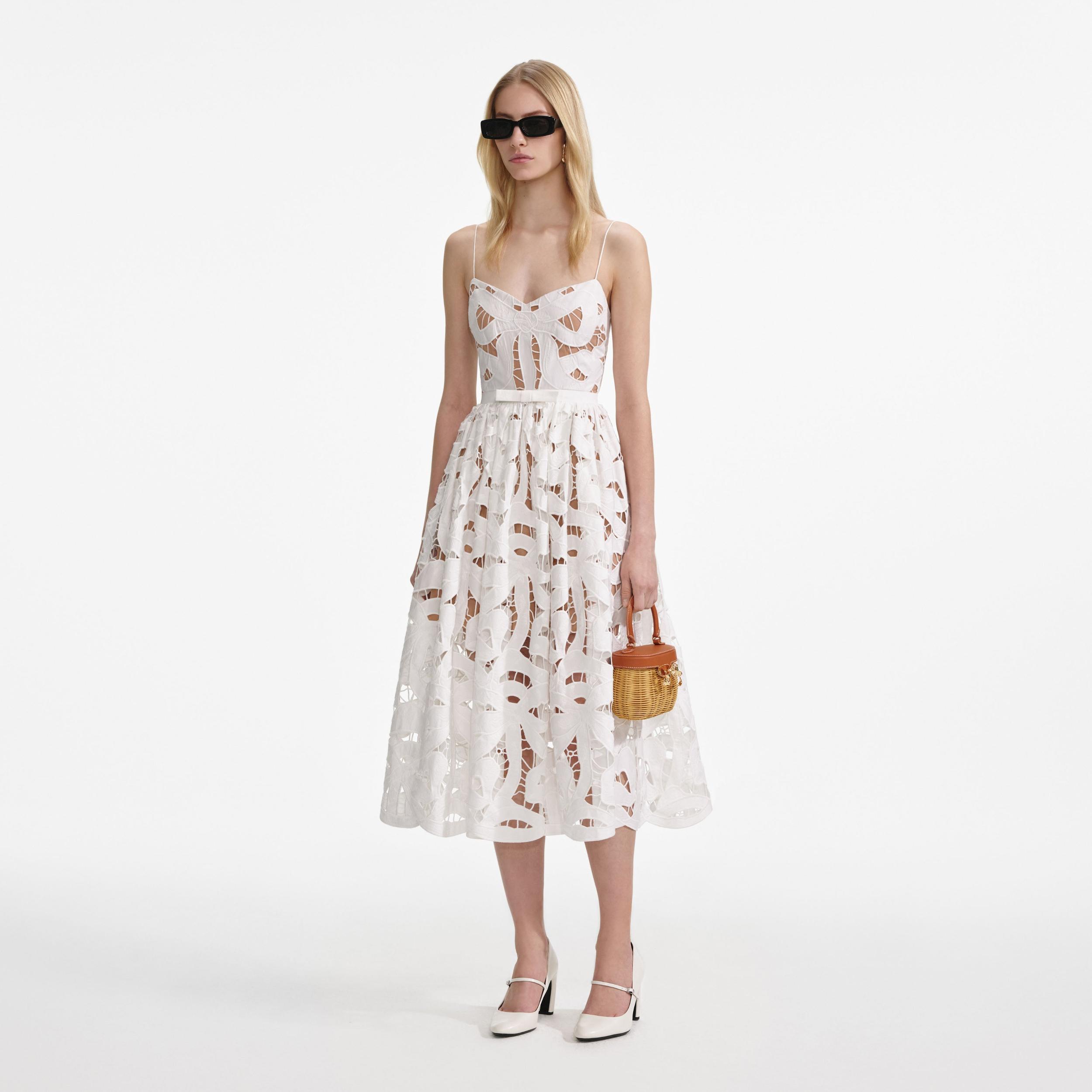 White Bow Embroidered Midi Dress Product Image