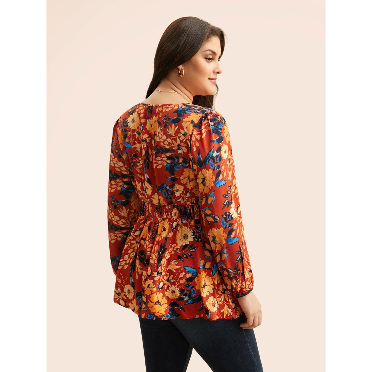 Plus Size Multicolor Floral Shirred Gathered Lantern Sleeve Blouse Women Elegant Long Sleeve V-neck Everyday Blouses BloomChic 22-24/3X Product Image