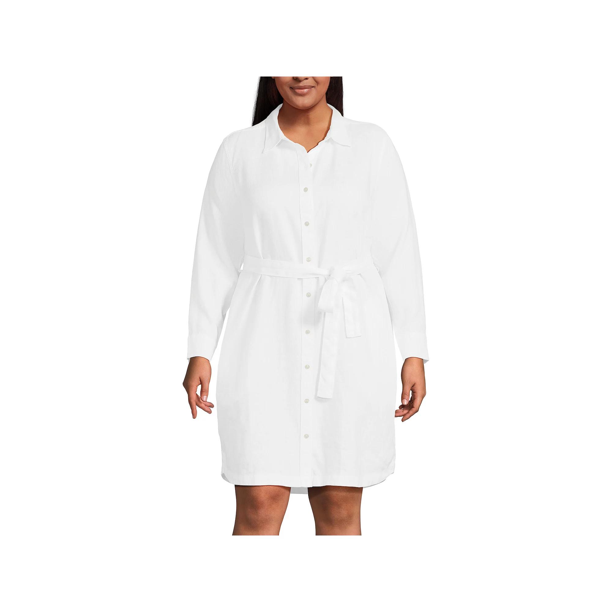 Plus Size Lands' End Linen Long Sleeve Button-Front Midi Shirt Dress, Women's, Size: 1XL, White Product Image