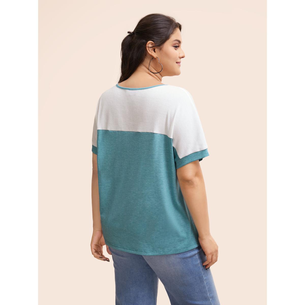 Plus Size Round Neck Striped Patchwork Contrast T-shirt Cerulean Women Casual Contrast Round Neck Everyday T-shirts BloomChic 14-16/1X Product Image