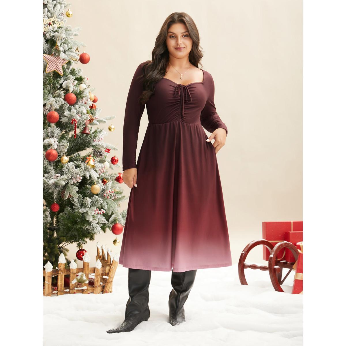 Plus Size Heart Neckline Drawstring Gradient Midi Dress Plum Women Elegant Drawstring Party Curvy Bloomchic 22-24/3X Product Image