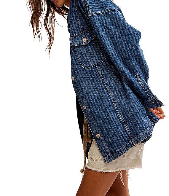 Free People Dunes Stripe Collared Oversize Fit Button Front Denim Shirt Jacket Product Image