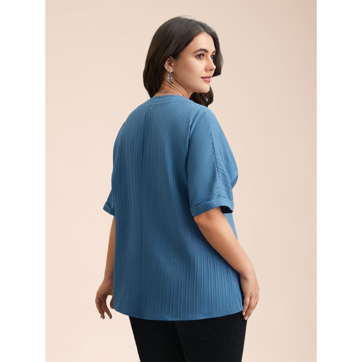 Plus Size Cerulean Notched Collar Textured Button Blouse Women Elegant Short sleeve V-neck Everyday Blouses BloomChic 12/L Product Image