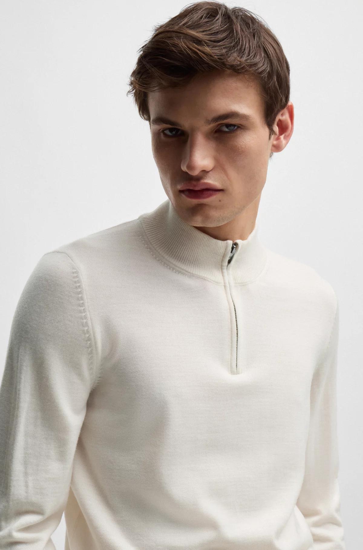 Boss Regular-Fit Zip-Neck Sweater in Virgin Wool - White Product Image