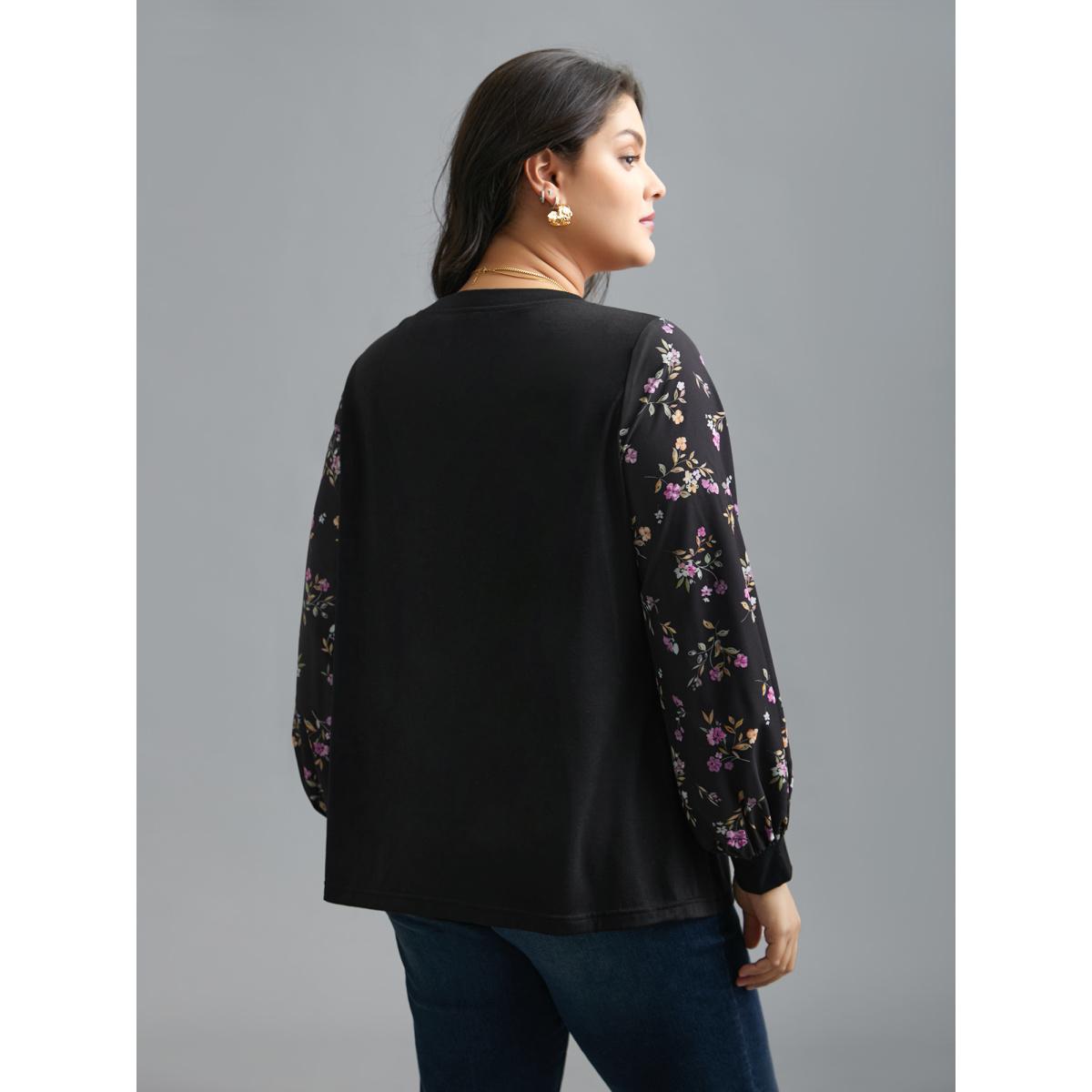Plus Size Floral Spliced Sleeve Stretchy T-Shirt Black Women Elegant Contrast Natural Flowers Round Neck Everyday T-shirts BloomChic 14-16/1X Product Image