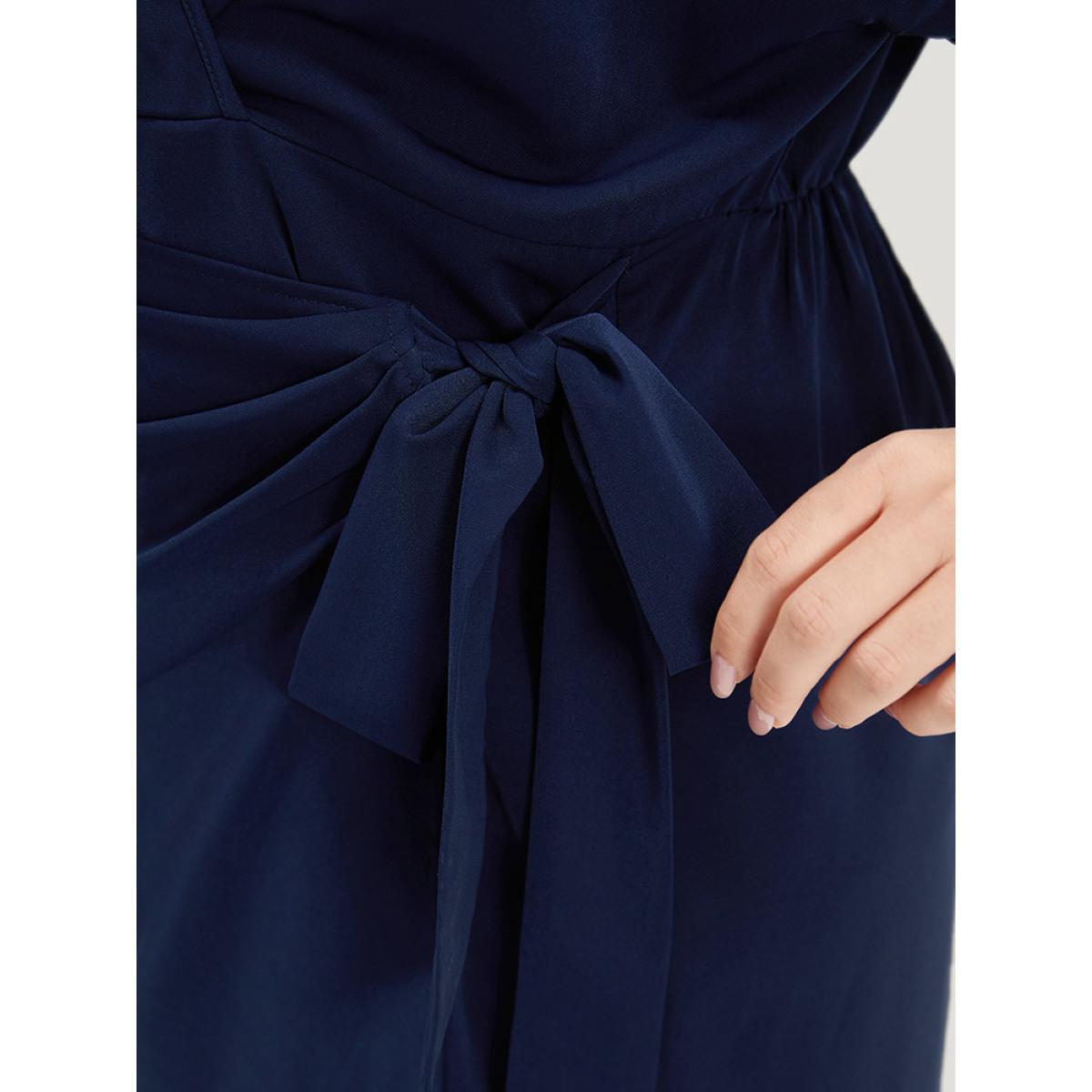 Plus Size Shirt Collar Split Hem Wrap Pocket Knot Gathered Dress DarkBlue Women Elegant Wrap Shirt collar Half Sleeve Curvy Midi Dress BloomChic 10/M Product Image