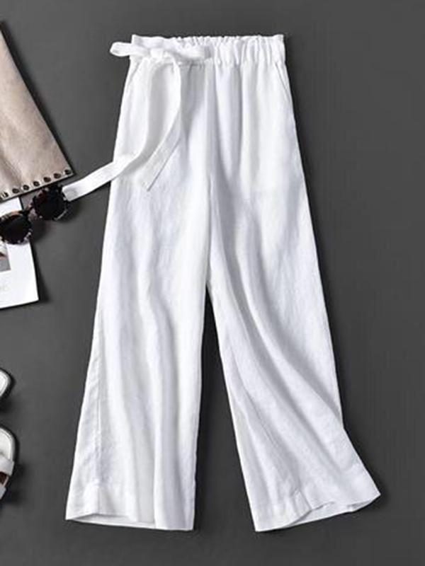 Simple Ramie Cotton Solid Color Loose Ninth Wide-Leg Pants Product Image