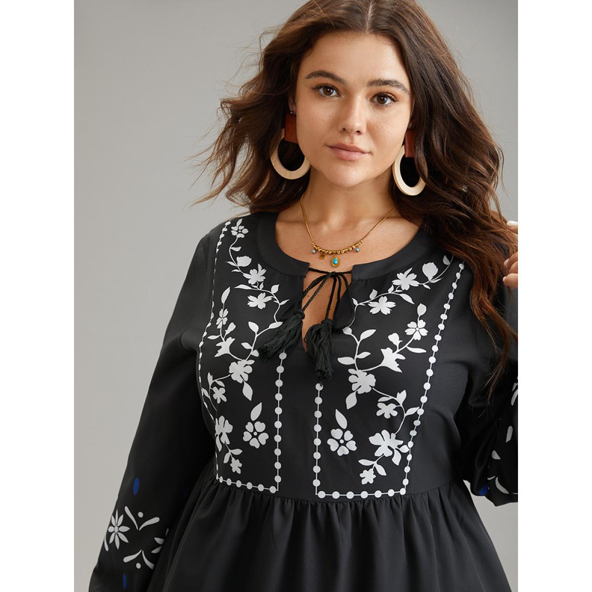 Plus Size Black Boho Print Tie Neck Elastic Waist Tassels Blouse Women Resort Long Sleeve Tie Neck Vacation Blouses BloomChic 26/4X Product Image