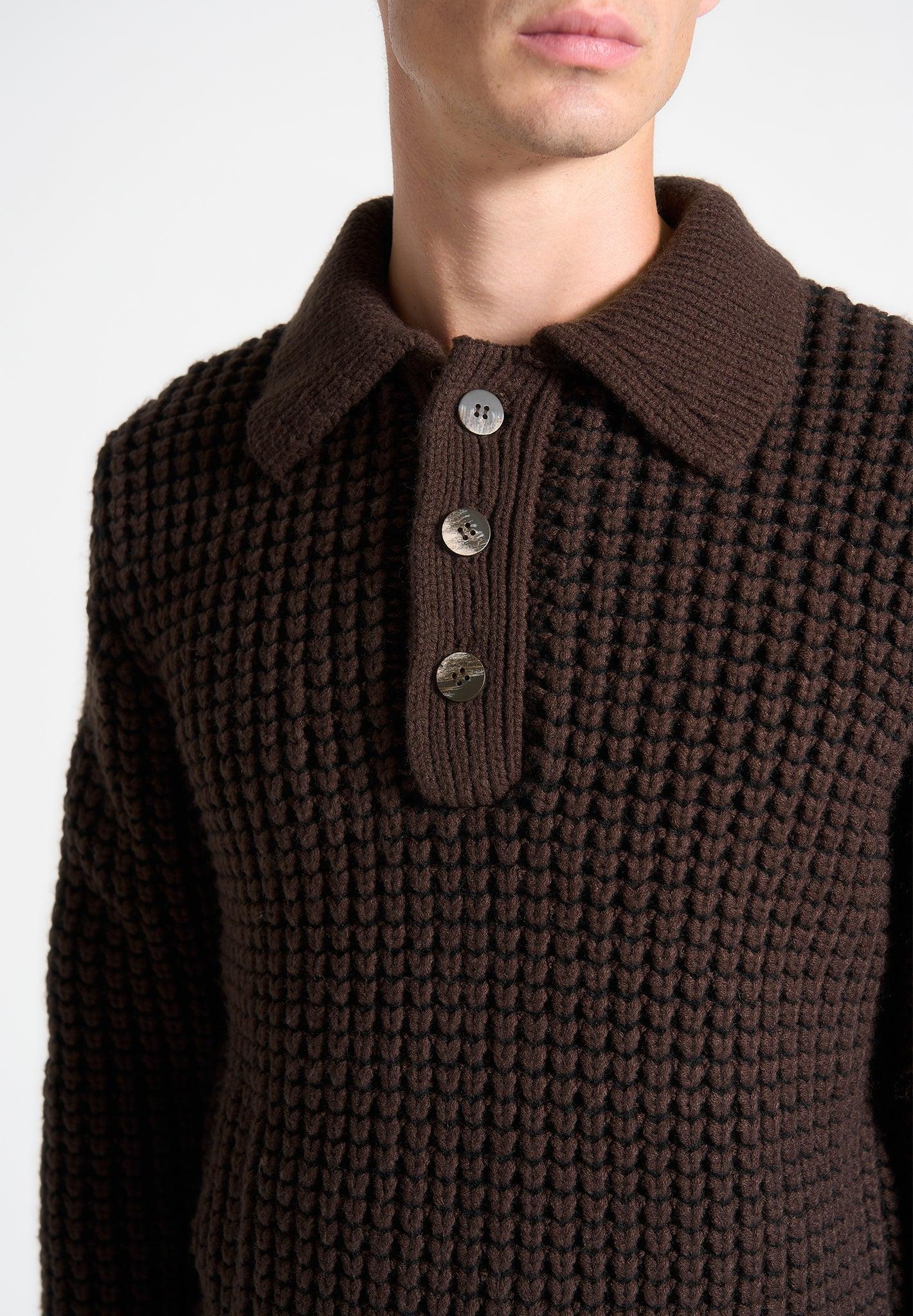Textured Wool Knit Polo Jumper - Brown Male Product Image