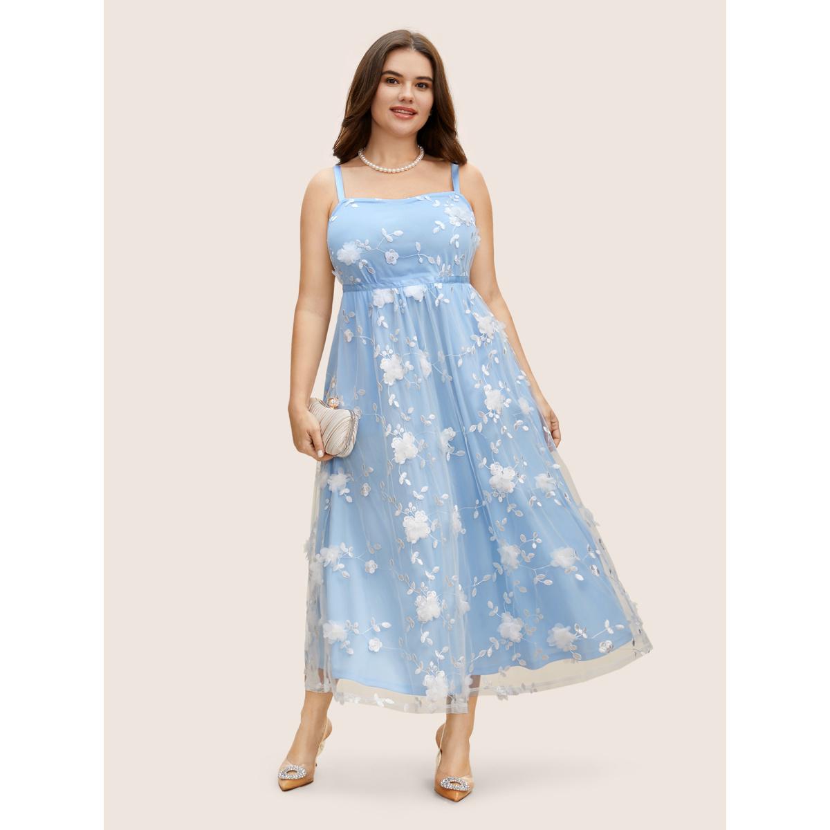 Plus Size Mesh Floral Embroidered Woven Ribbon Cami Dress LightBlue Women Formal Woven ribbon&lace trim Square Neck Sleeveless Curvy BloomChic 12/L Product Image