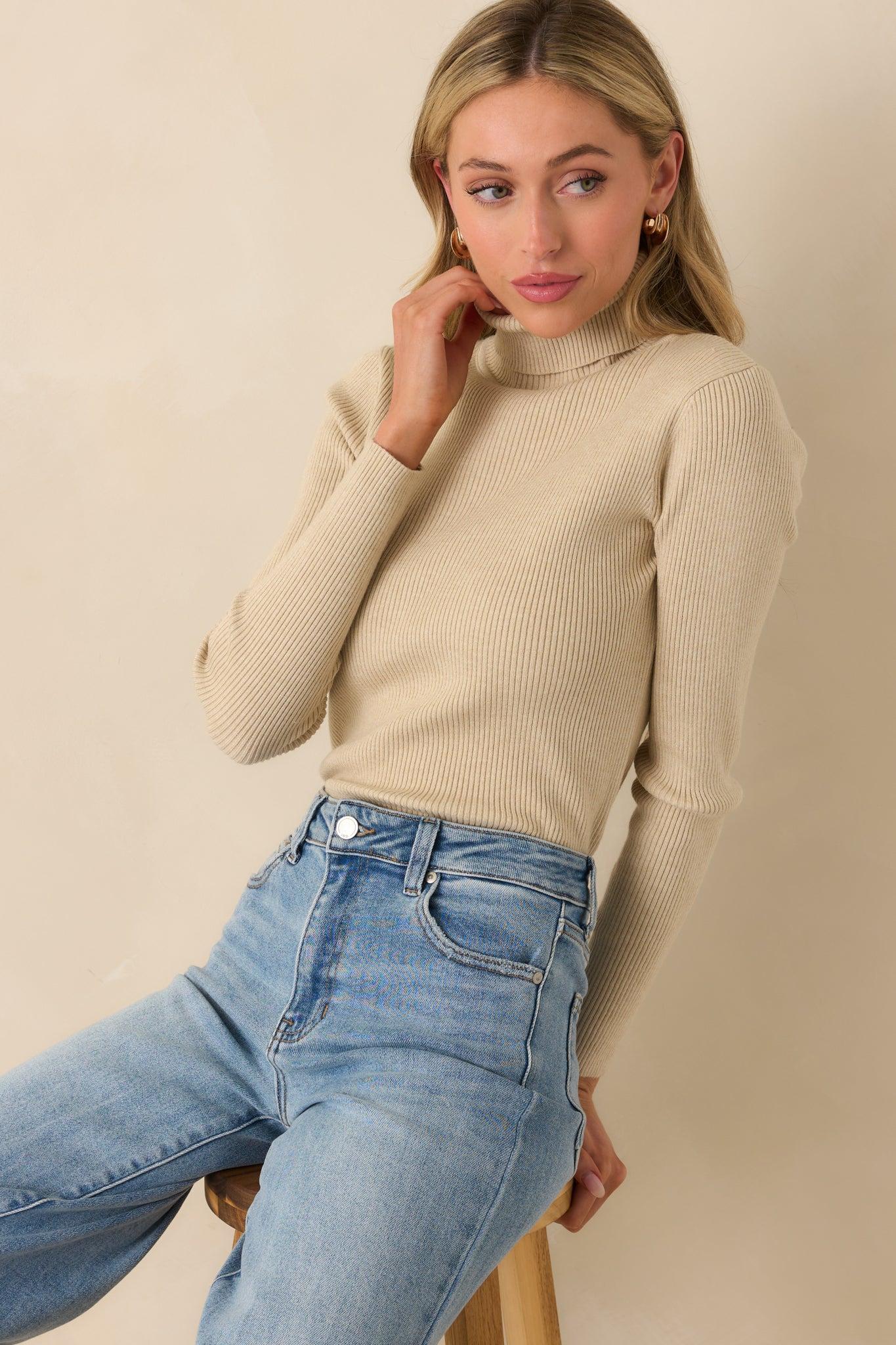 Let It Be Khaki Ribbed Long Sleeve Turtleneck Sweater Product Image