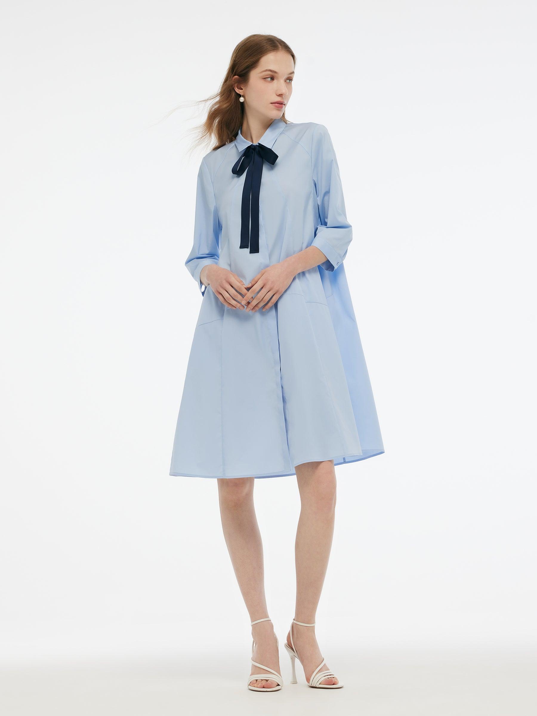 A-Line Button Up Women 3/4 Sleeve Shirt Midi Dress With Ribbon Product Image