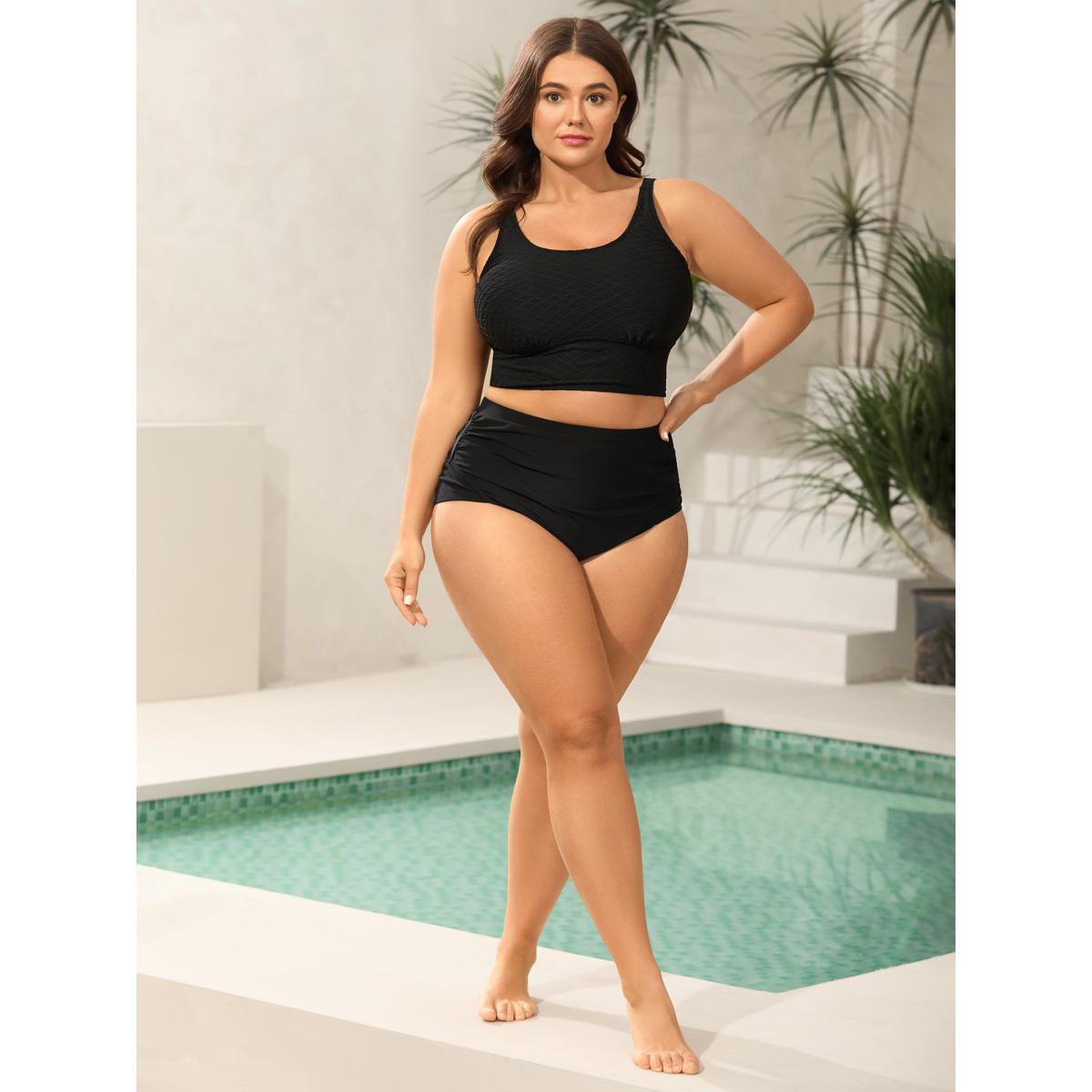 Plus Size Textured Fitted Adjustable Swim Top Women's Swimwear Black Resort Texture High stretch Skinny U-neck Curve Swim Tops BloomChic 30/6X Product Image