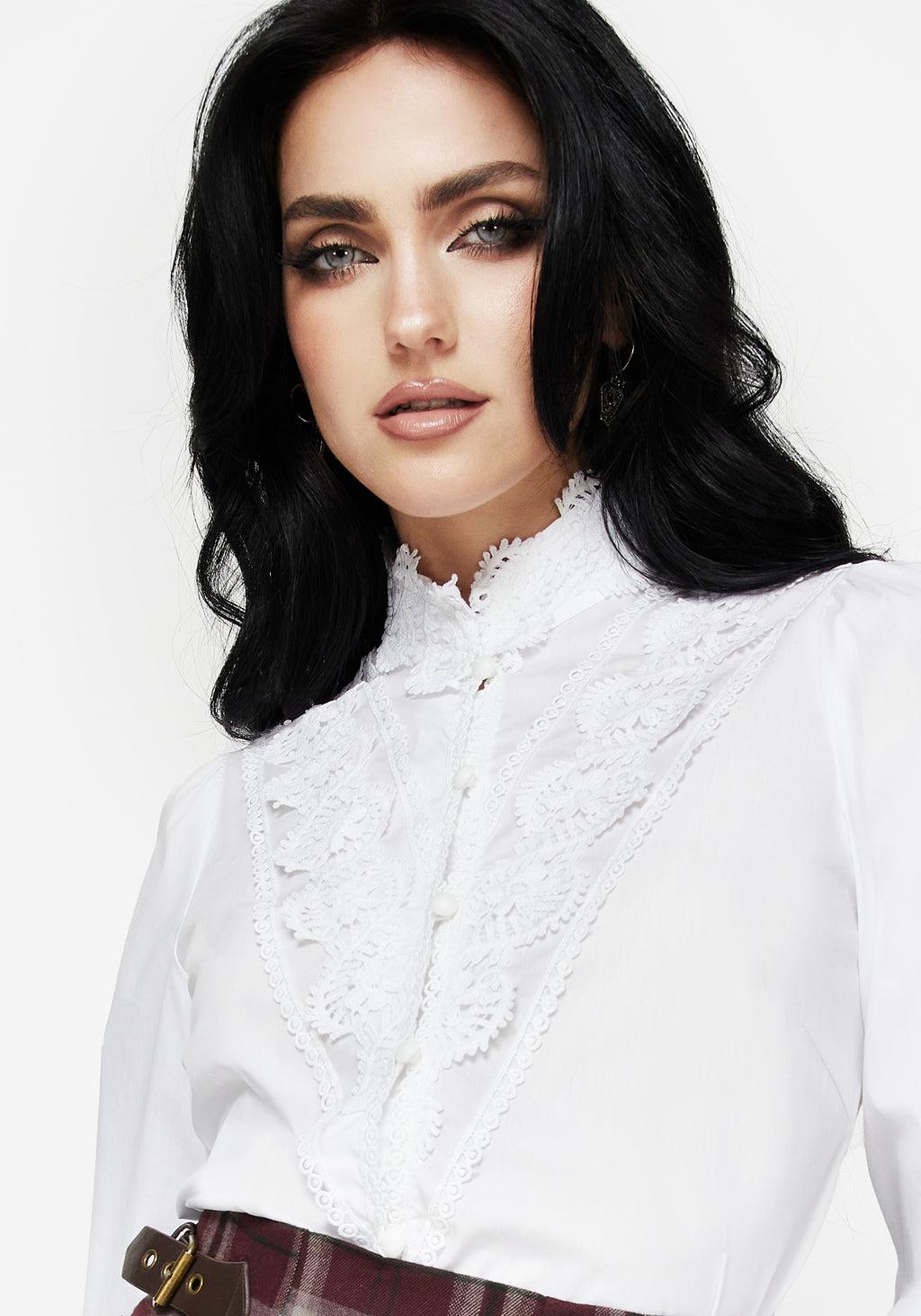 Morgaine Lace Detail Button Up Shirt - White Product Image