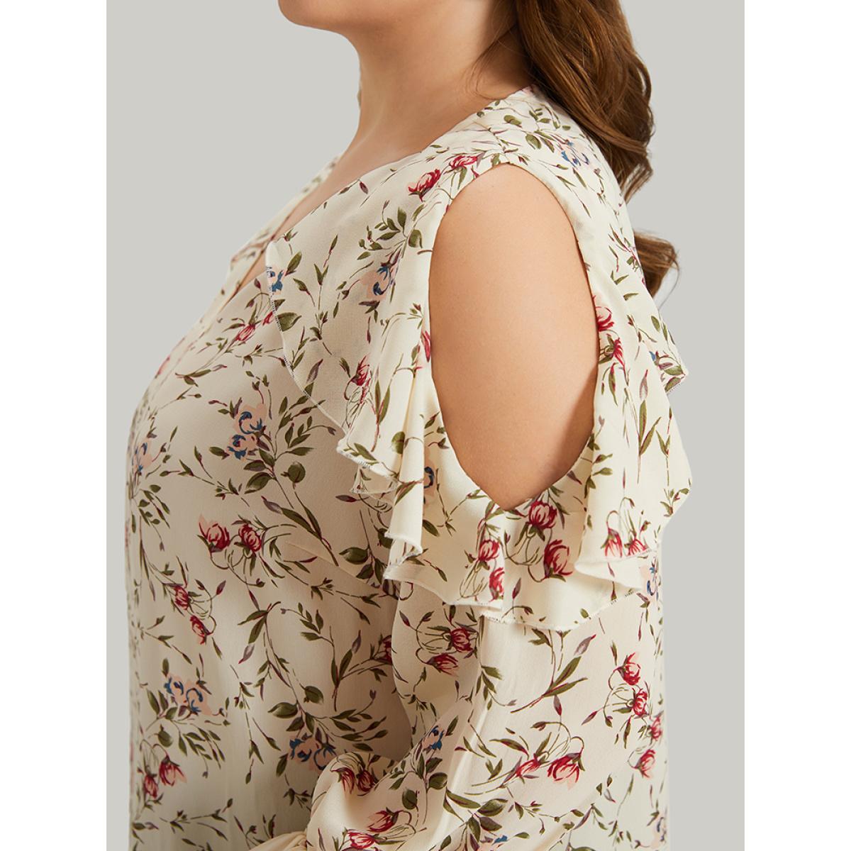 Plus Size Ivory Ditsy Floral Cold Shoulder Ties Ruffle Trim Blouse Women Elegant Long Sleeve V-neck Dailywear Blouses BloomChic 26/4X Product Image