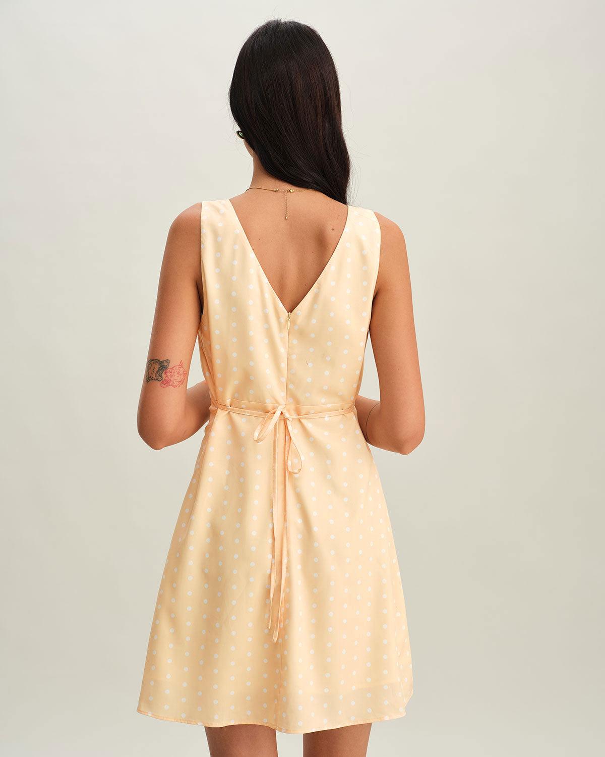 Yellow V Neck Polka Dot Sleeveless Mini Dress Product Image