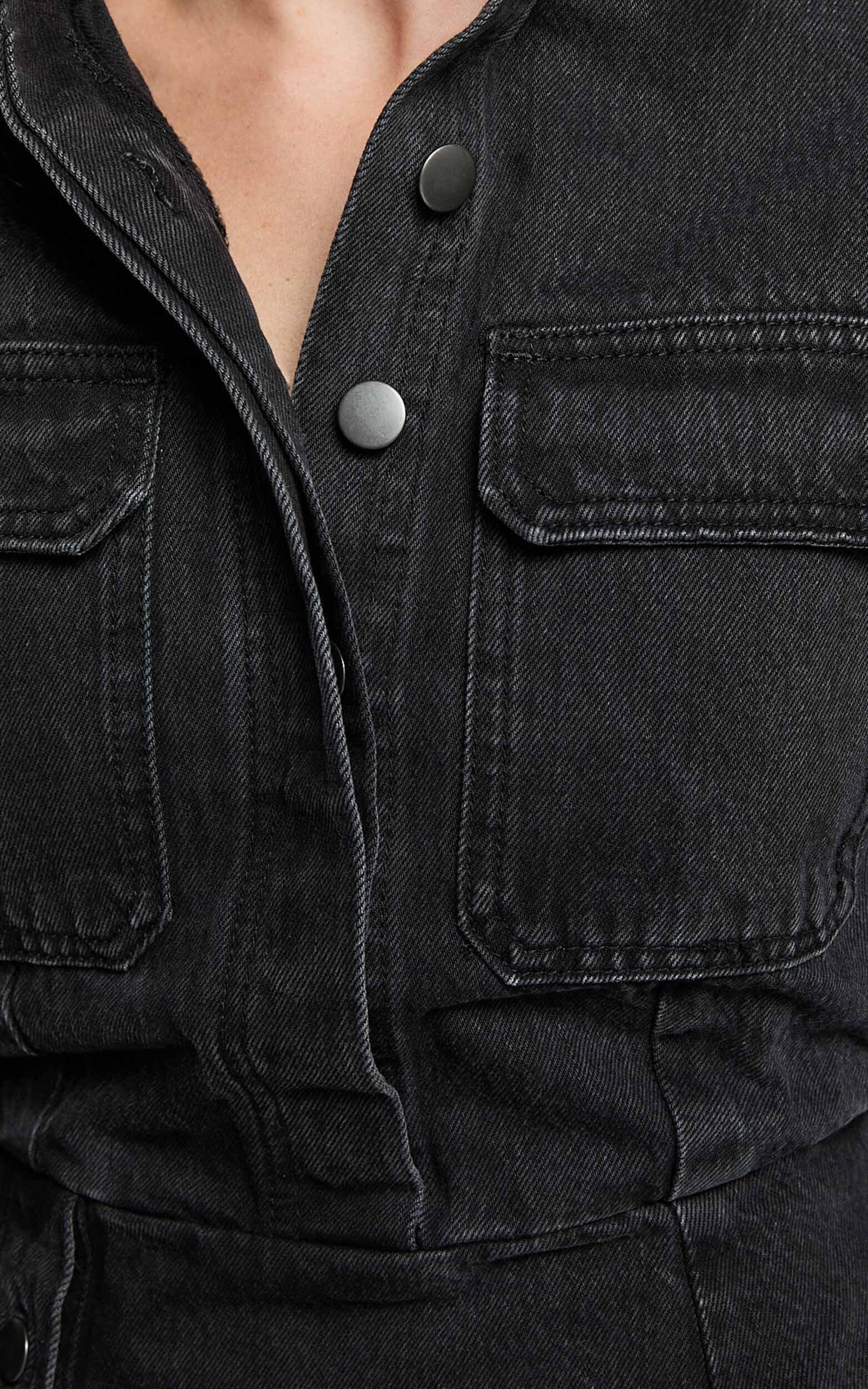 Ainsley Mini Dress - Button Through Long Sleeve Denim Dress in Washed Black Product Image