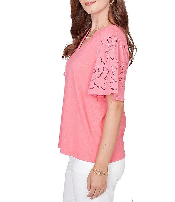 Ruby Rd. Cotton Jersey Knit Split V-Neck Short Eyelet Sleeve Top Product Image