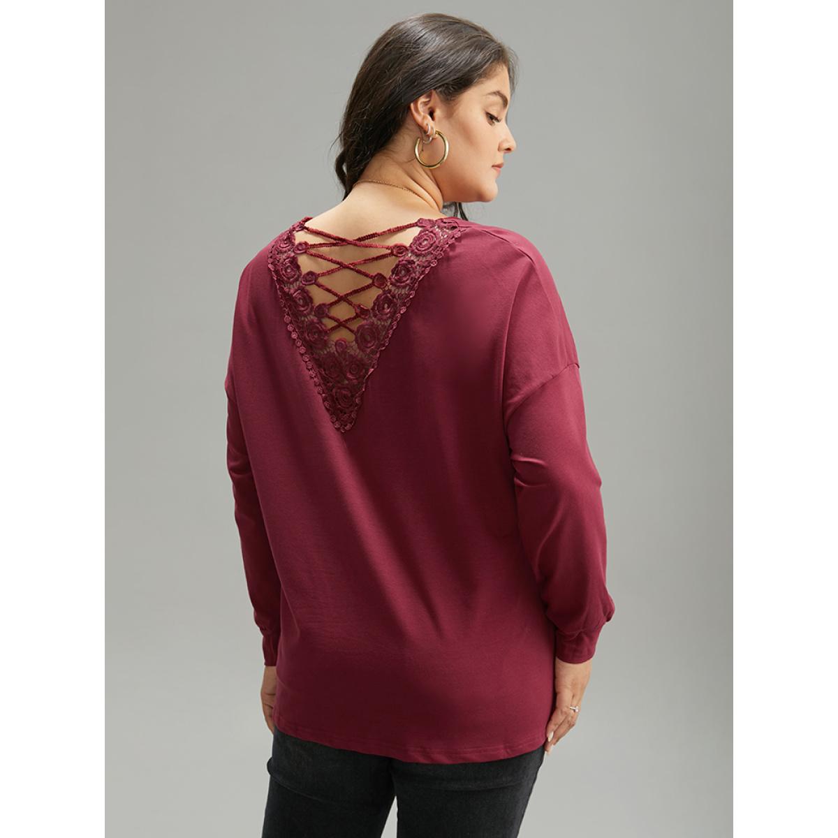 Plus Size Plain Guipure Lace Crisscross Cut Out Sweatshirt Women Burgundy Elegant Elastic cuffs Round Neck Dailywear Sweatshirts BloomChic 10/M Product Image